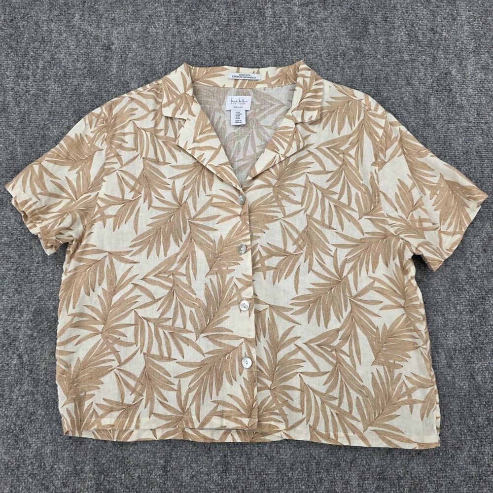Nicole Miller Shirt Womens Medium Beige Brown Flax Linen Palm Leaf Button Up Top